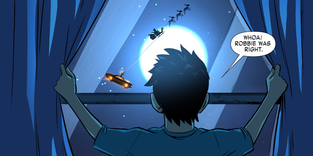 Gabe looking out of the window at Robbie in the Charger flying behind Krampus's sled. He says: Whoa! Robbie was right!